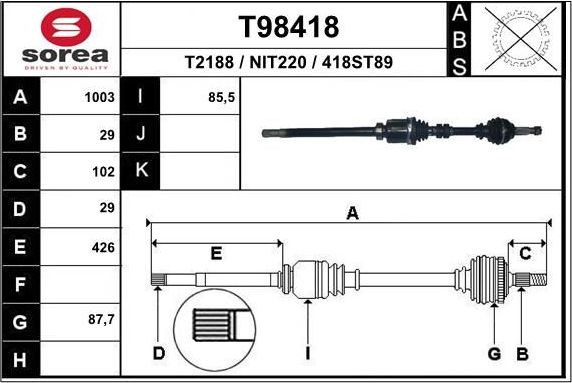 Полуось (привод в сборе, приводной вал) EAI. Артикул T98418