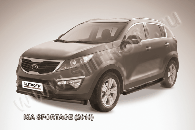 Защита Slitkoff переднего бампера d57/42 двойная ЧЕРНАЯ матовая для Kia Sportage III 2010-2014. Артикул KSP010-004B