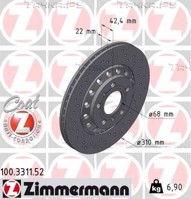 Тормозной диск Zimmermann Sport Coat Z задний для Volkswagen Phaeton I 2002-2016. Артикул 100.3311.52