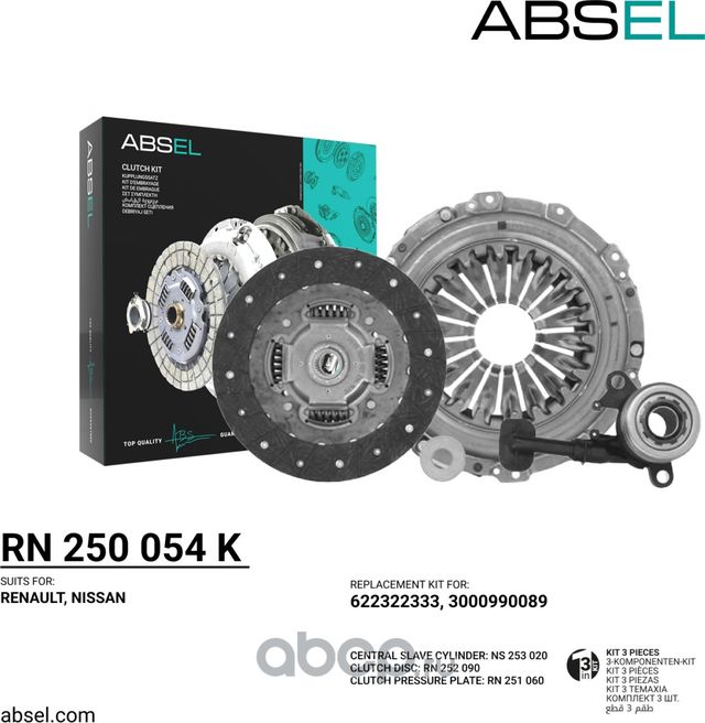 Комплект сцепления (корзина, диск, подшипник) (Absel). Артикул RN250054K