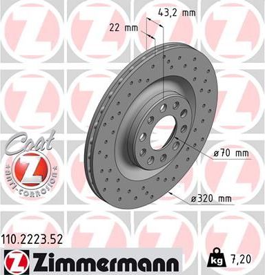 Тормозной диск Zimmermann Sport Coat Z задний для Alfa Romeo Giulia II (952) 2016-2026. Артикул 110.2223.52