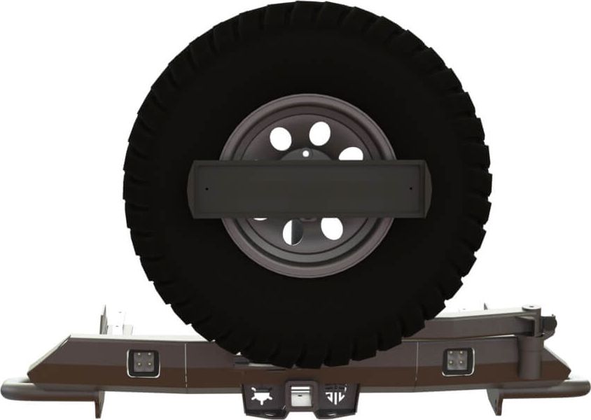 Бампер силовой STC задний для Mitsubishi Pajero Sport III рестайлинг 2021-2026 ОБЛЕГЧЕННЫЙ с квадратом под фаркоп, кронштейном крепления запасного колеса по центру, кронштейном крепления гос номера и фарами заднего хода/ПТФ. Артикул STC-MPS3/21-BRR-C1-L2