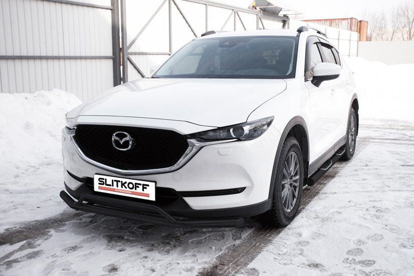 Защита Slitkoff переднего бампера d57+d32 двойная для Mazda CX-5 II 2017-2026 Черная. Артикул MZCX175-01В