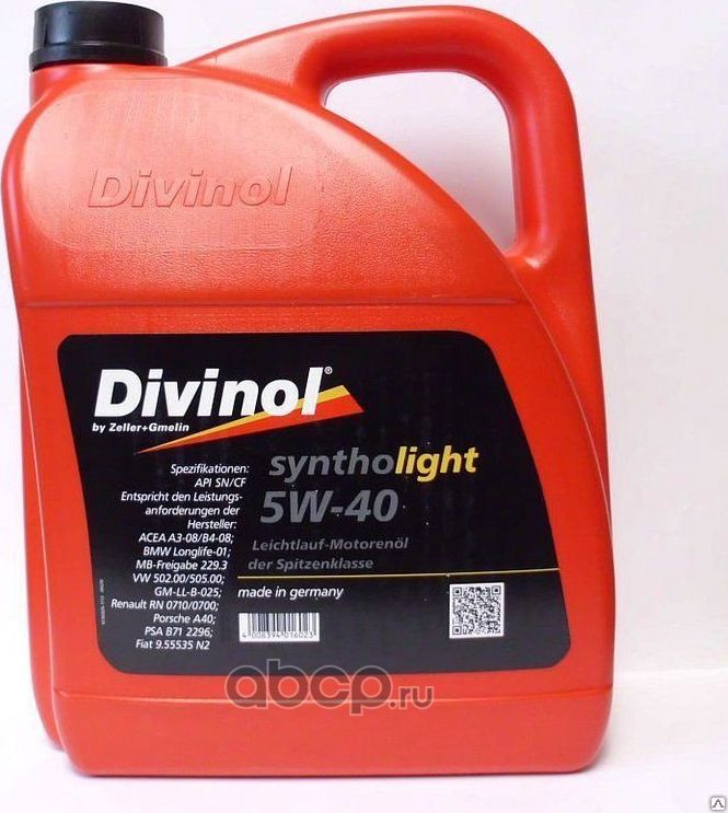 МАСЛО МОТОР. СИНТ. DIVINOL SYNTHOLIGHT 5W-40 API SN/CF, ACEA A3/B4, MB. Артикул 49520K004