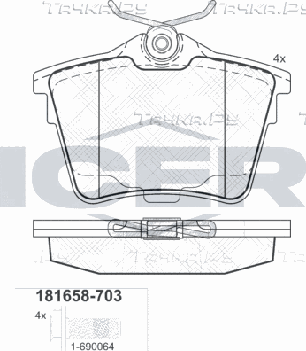 Тормозные колодки Icer задние для Citroen C5 II 2008-2017. Артикул 181658-703