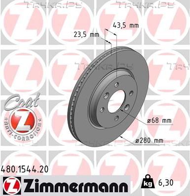 Тормозной диск Zimmermann Coat Z передний для Saab 900 I 1979-1994. Артикул 480.1544.20