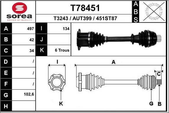 Полуось (привод в сборе, приводной вал) EAI. Артикул T78454A1