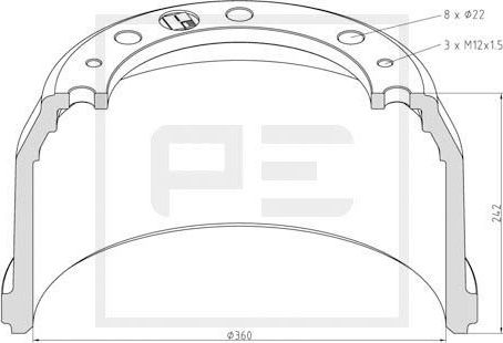 Тормозной барабан PE Automotive для MAN M2000 1995-2007. Артикул 036.418-00A