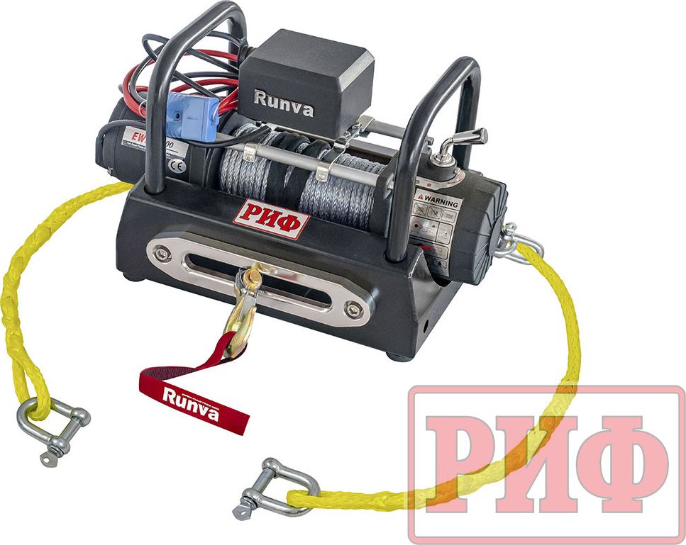 Переносная лебёдка РИФ: 12V Runva 5000 lbs 2268 кг c площадкой на цепях и проводами (в сборе) синтетический трос РИФ. Артикул EWX6000SR-KIT