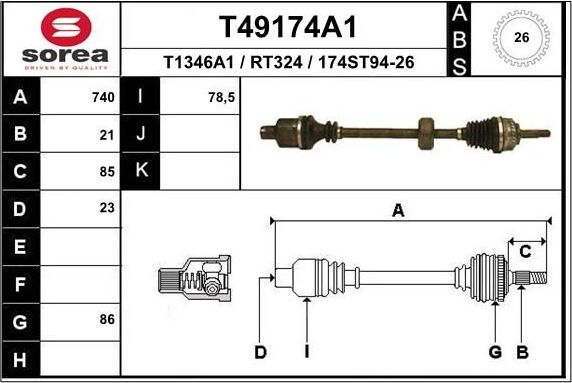 Полуось (привод в сборе, приводной вал) EAI. Артикул T49174A1
