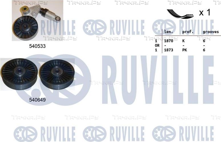 Приводной ремень поликлиновой с роликами (комплект) Ruville для Opel Astra G 1998-2005. Артикул 570078