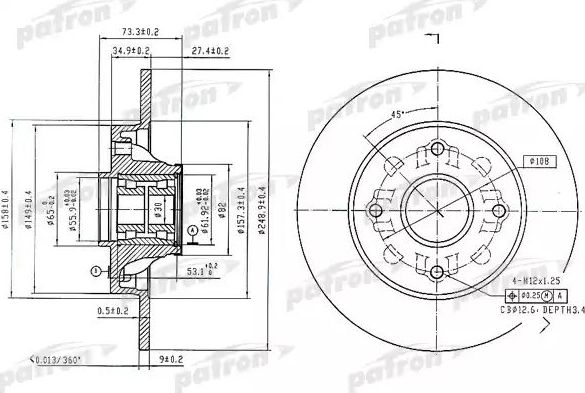 Тормозной диск Patron задний для Peugeot 308 I 2007-2014. Артикул PBD7014