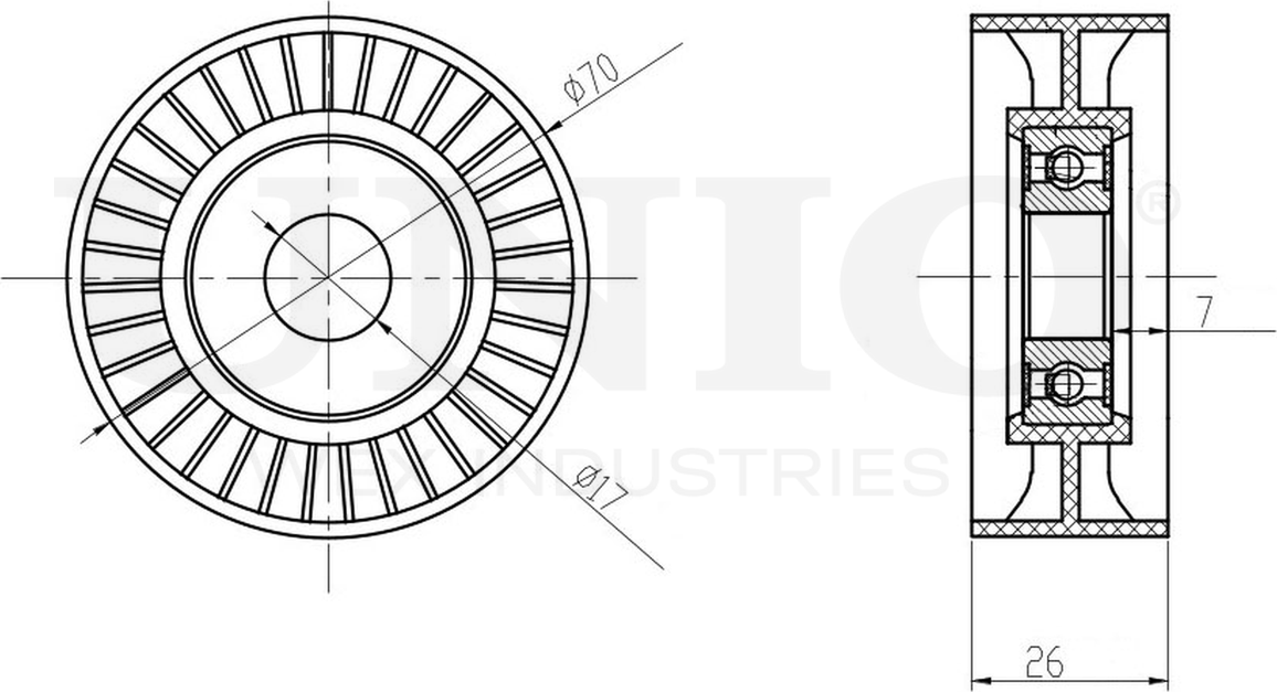 Ролик поликлинового ремня натяжной (Unio). Артикул TNS-10145