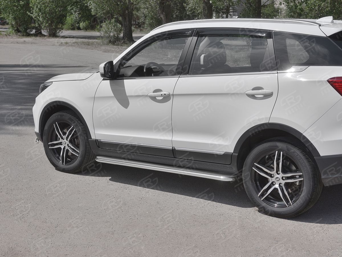 Защита порогов RusStal труба d42 с листом (Лист нерж, проф. нерж) (вариант 3) для Lifan X70 2018-2026. Артикул LF7L-0032863