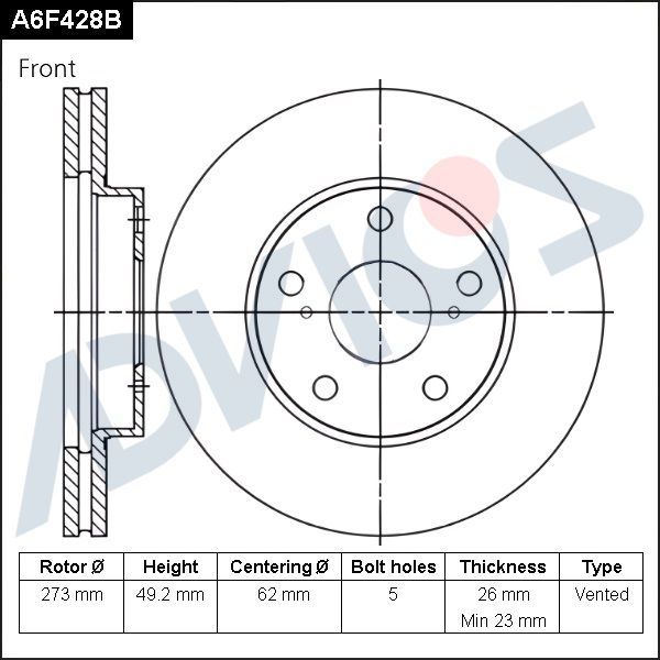 Тормозной диск Advics передний для Toyota Corolla E140, E150 2006-2014. Артикул A6F428B