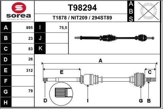 Полуось (привод в сборе, приводной вал) EAI. Артикул T98297