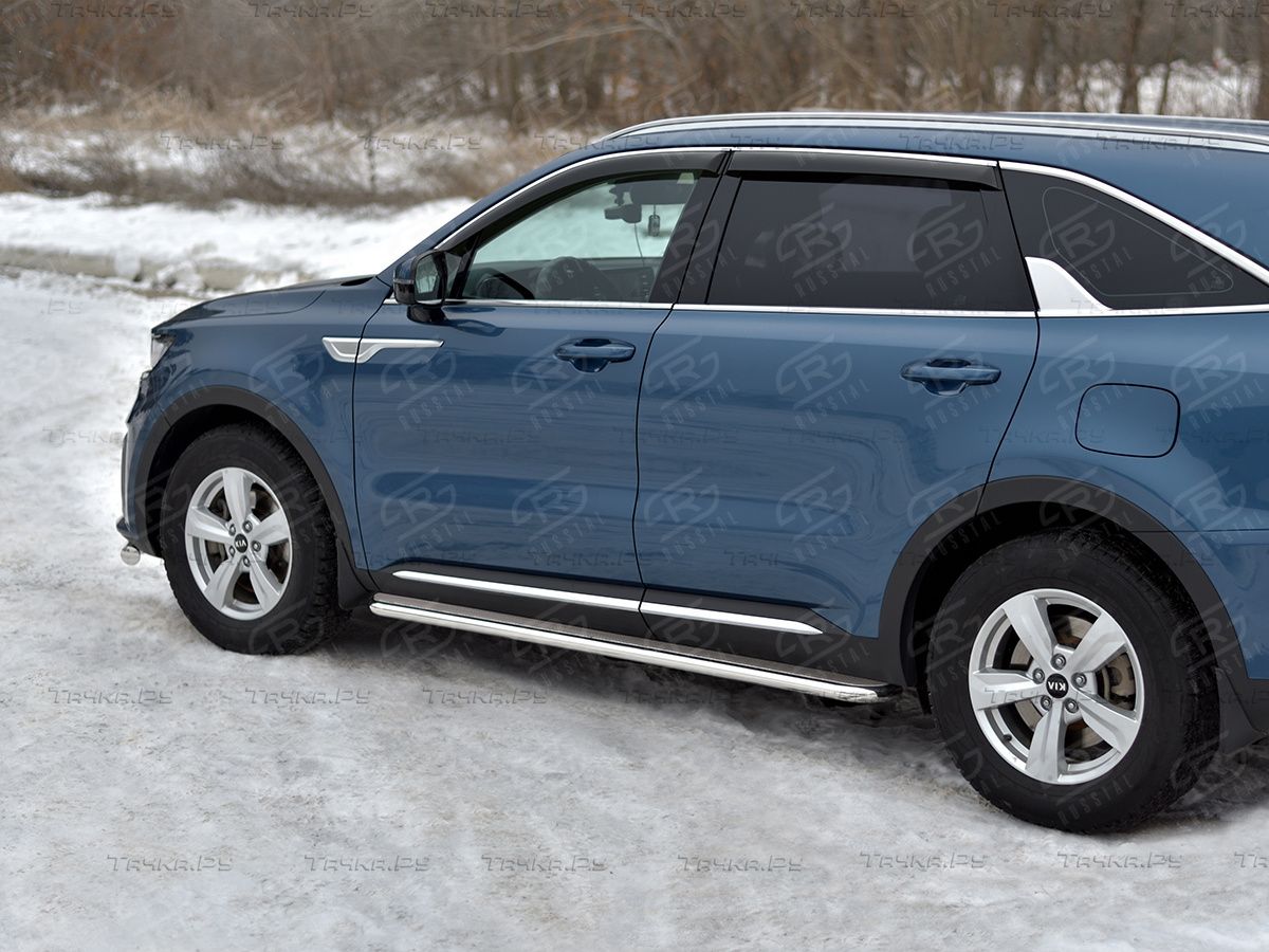 Защита порогов RusStal труба d42 с листом (лист нерж, проф. нерж) (вариант 3) для Kia Sorento IV 2020-2026. Артикул KSORL-0040173