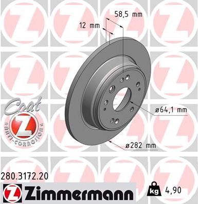 Тормозной диск Zimmermann Coat Z задний для Honda Stream I 2001-2006. Артикул 280.3172.20