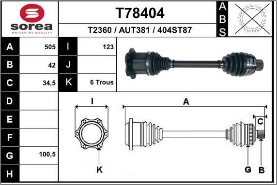 Полуось (привод в сборе, приводной вал) EAI. Артикул T78404