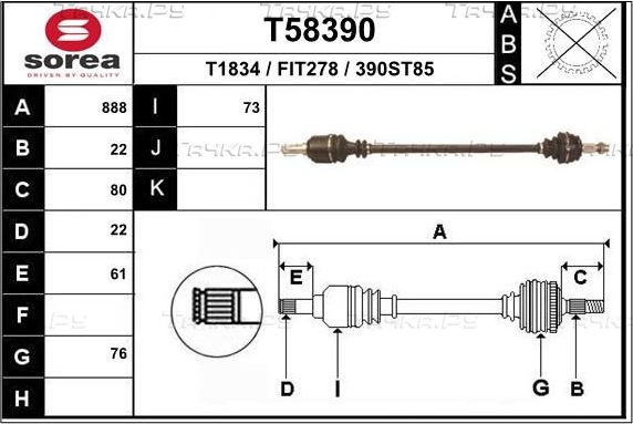 Полуось (привод в сборе, приводной вал) EAI. Артикул T58390