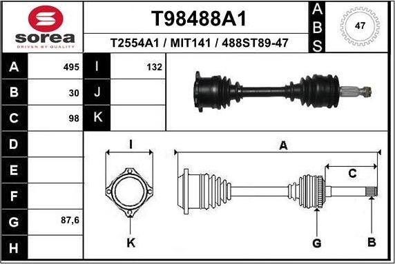 Полуось (привод в сборе, приводной вал) EAI. Артикул T98488A1