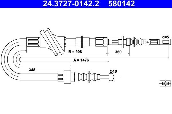 Трос ручника (тросик ручного тормоза) ATE задний для Audi 100 IV (C4) 1990-1994. Артикул 24.3727-0142.2