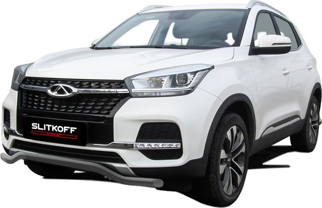 Защита Slitkoff переднего бампера d42 волна для Chery Tiggo 4 2017-2026 Серебристая. Артикул CT4-003S