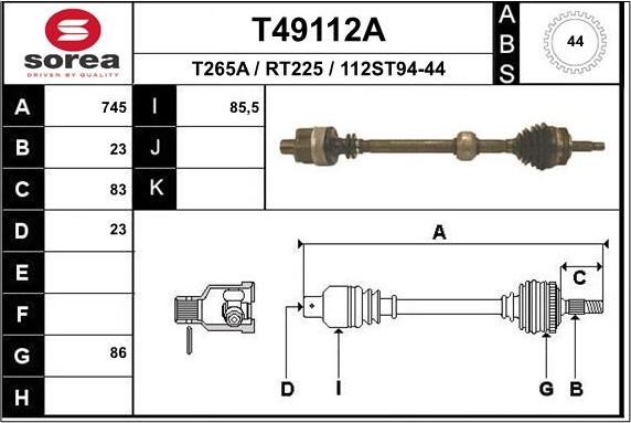 Полуось (привод в сборе, приводной вал) EAI. Артикул T49112A