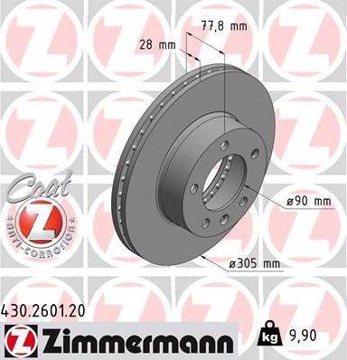 Тормозной диск Zimmermann Coat Z передний для Renault Master II 1998-2010. Артикул 430.2601.20