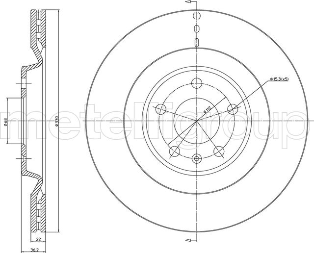 Тормозной диск Metelli задний для Audi S8 III (D4) 2012-2018. Артикул 23-1315C