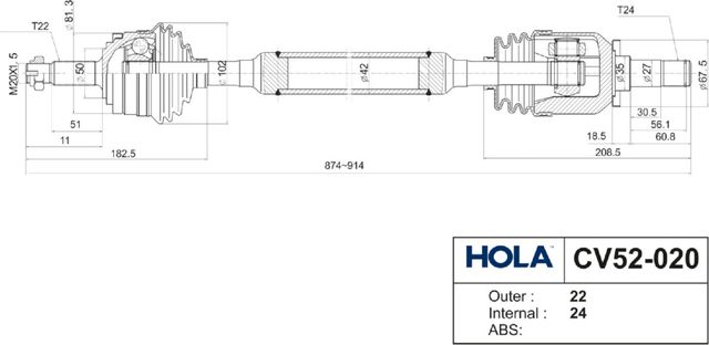 Полуось (привод в сборе, приводной вал) HOLA. Артикул CV52-020