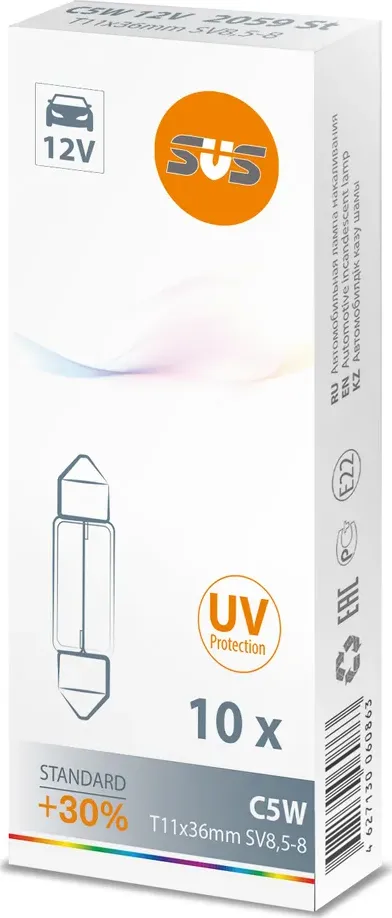 Лампа 12V C5W 5W +30% SV8,5-8 SVS Standard 1 шт. картон 0200059000. Артикул 0200059000