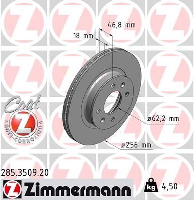 Тормозной диск Zimmermann Coat Z передний для Hyundai i20 I 2008-2015. Артикул 285.3509.20