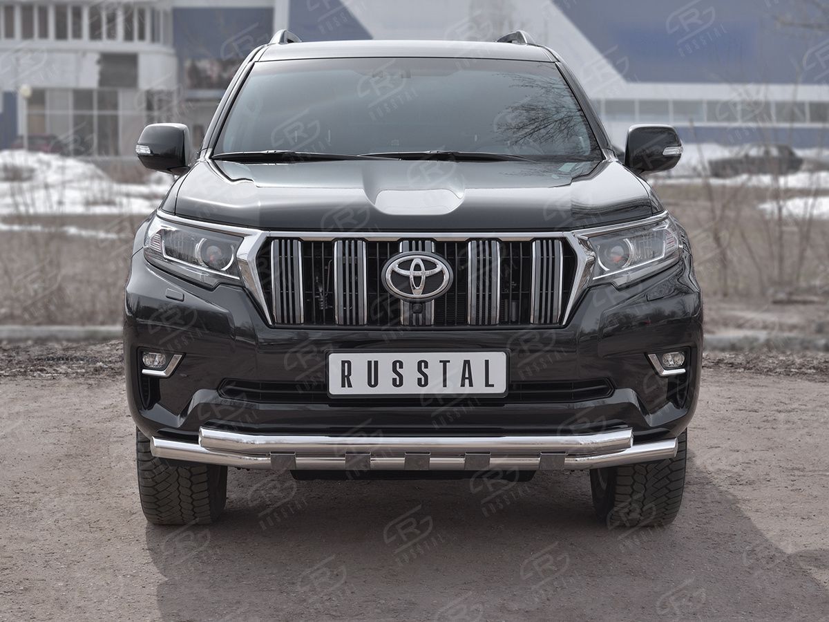 Защита RusStal переднего бампера d63 секции-d63 секции+декор для Toyota Land Cruiser Prado 150 2й Рестайлинг (кроме Style) 2017-2026. Артикул LCPZ-002862