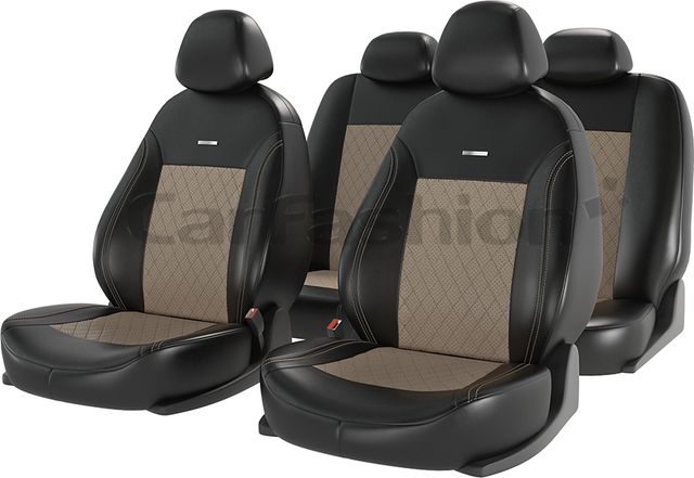 Чехлы универсальные CarFashion Atom Leather Ромб на сидения авто, цвет Черный/Бежевый/Бежевый. Артикул 11144