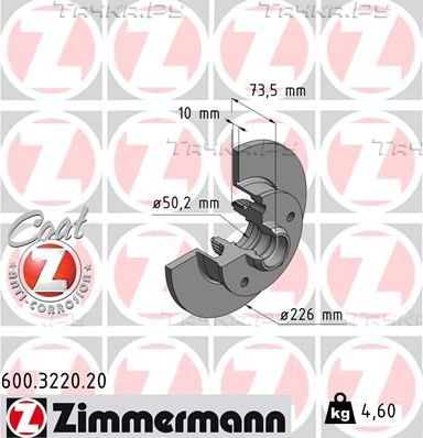 Тормозной диск Zimmermann Coat Z задний для SEAT Toledo I 1993-1999. Артикул 600.3220.20