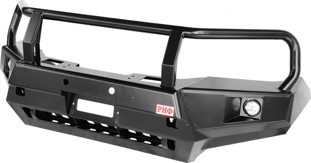Бампер силовой РИФ передний с доп. фарами, защитной дугой и защитой бачка омывателя для Toyota Hilux VIII 2015-2026. Артикул RIFREV-10350