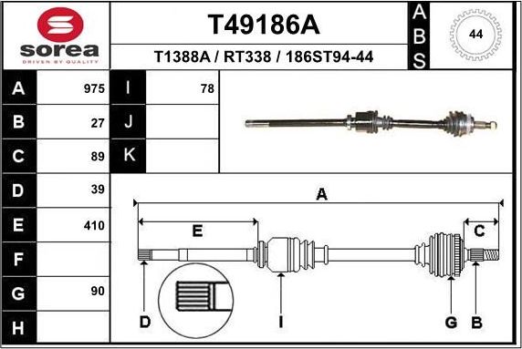 Полуось (привод в сборе, приводной вал) EAI. Артикул T49186A