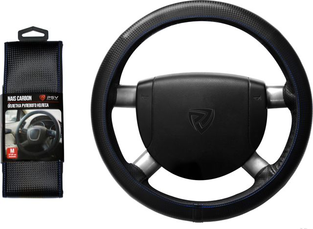 Оплётка на руль PSV Nais Carbon (размер M, экокожа, цвет ЧЕРНЫЙ/СИНИЙ). Артикул 129824