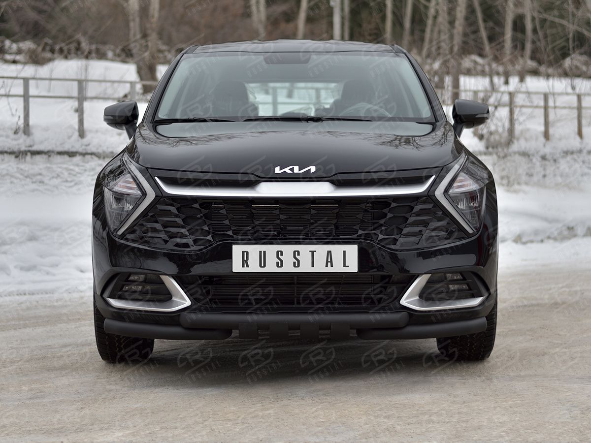 Защита RusStal переднего бампера d63 секции-d63 уголки+клыки для Kia Sportage V (кроме Style и X-Line) 2021-2026 Черная. Артикул KSZ-004029CH