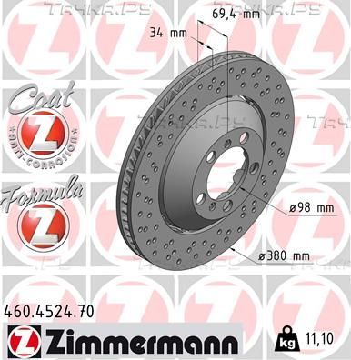 Тормозной диск Zimmermann Formula Z Coat Z передний левый для Porsche 911 VII (991) 2013-2026. Артикул 460.4524.70