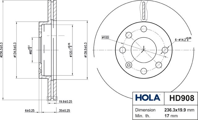 Тормозной диск HOLA передний для Chevrolet Lanos I 2005-2018. Артикул HD908