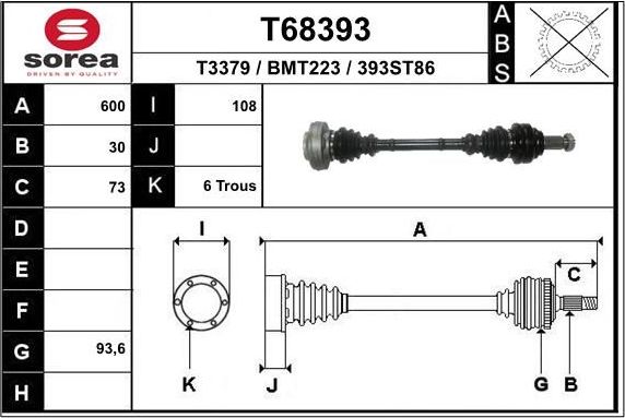 Полуось (привод в сборе, приводной вал) EAI. Артикул T68393