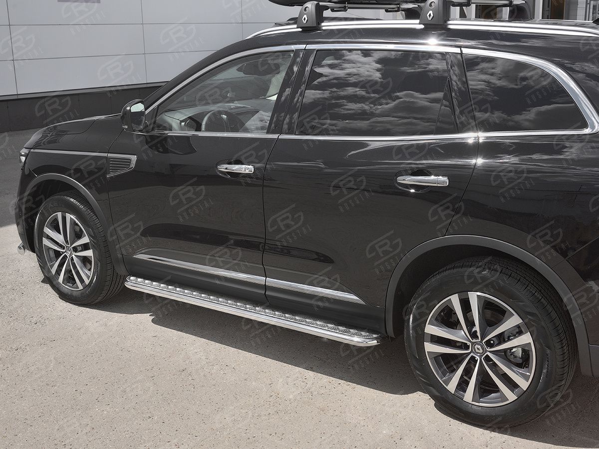 Защита порогов RusStal труба d42 с листом (Лист алюм, проф. сталь) (Вариант 2) для Renault Koleos II 2016-2026. Артикул RKL-0029752