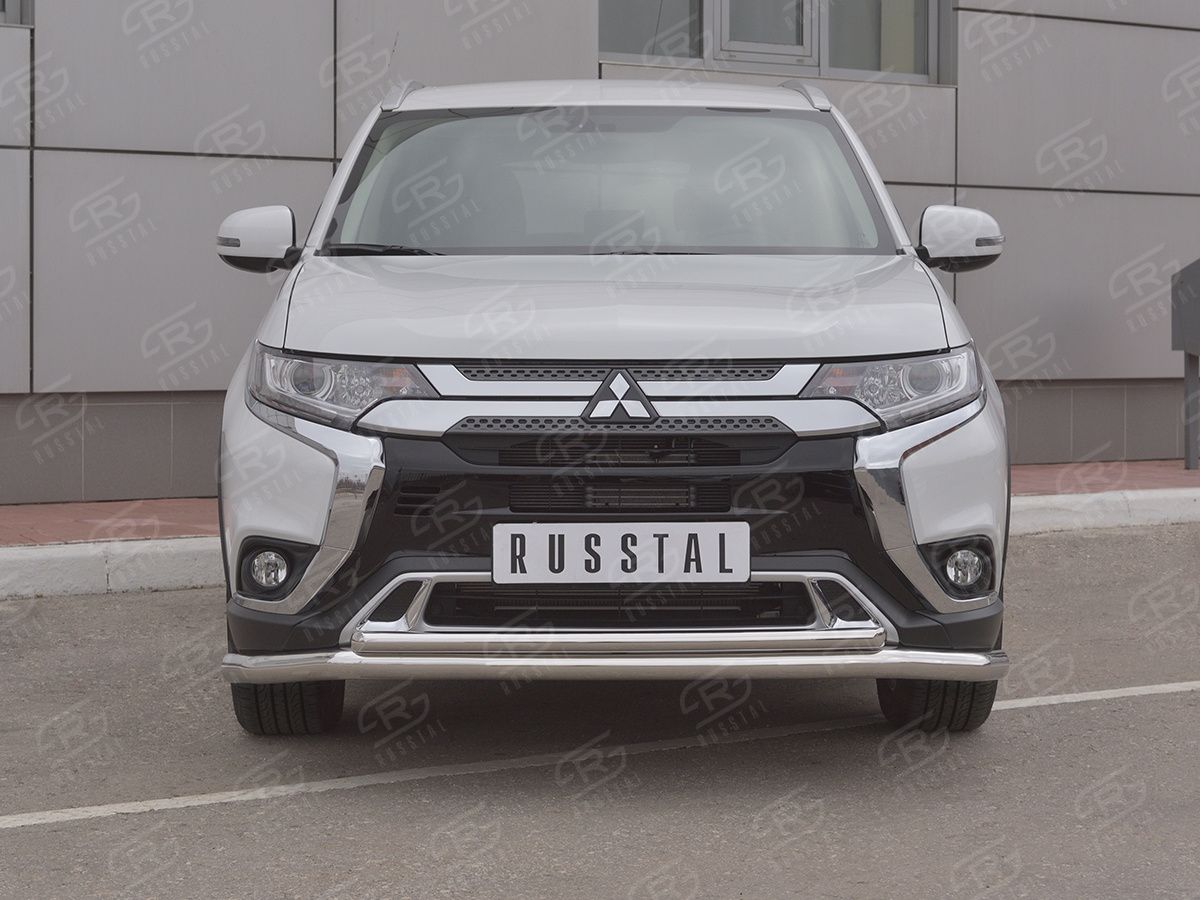 Защита RusStal переднего бампера d63 (секции) d42 (дуга) для Mitsubishi Outlander III 3-й рестайлинг 2018-2026. Артикул MOZ-003202