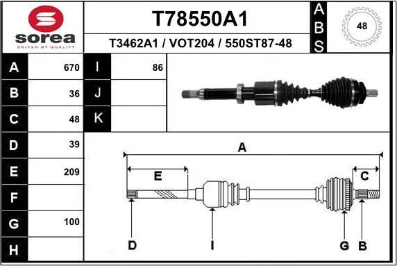 Полуось (привод в сборе, приводной вал) EAI. Артикул T78550A1
