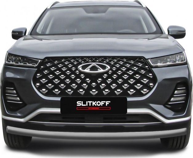Защита Slitkoff переднего бампера d57 для Chery Tiggo 7 Pro 2020-2026 Серебристая. Артикул CT7PR-003S