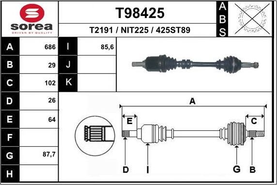 Полуось (привод в сборе, приводной вал) EAI. Артикул T98425
