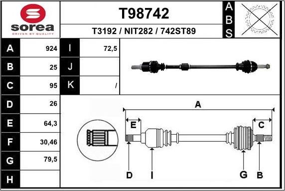 Полуось (привод в сборе, приводной вал) EAI. Артикул T98742
