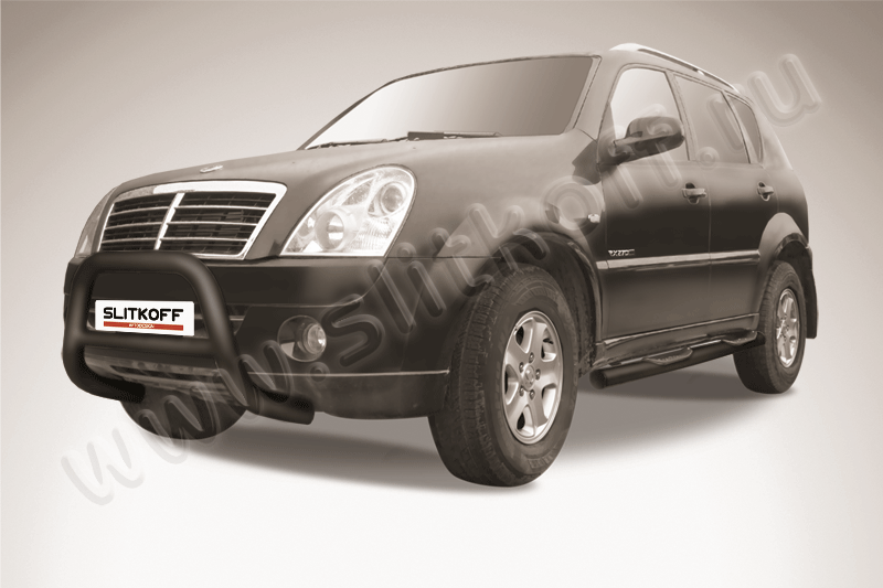 Кенгурятник Slitkoff d76 низкий ЧЕРНЫЙ матовый для SsangYong Rexton II 2010-2012. Артикул SSR002B